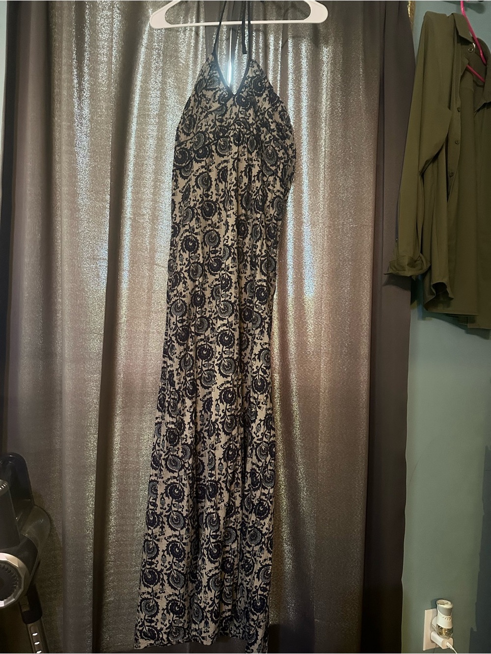 Navy and Cream Printed Halter Maxi Dress